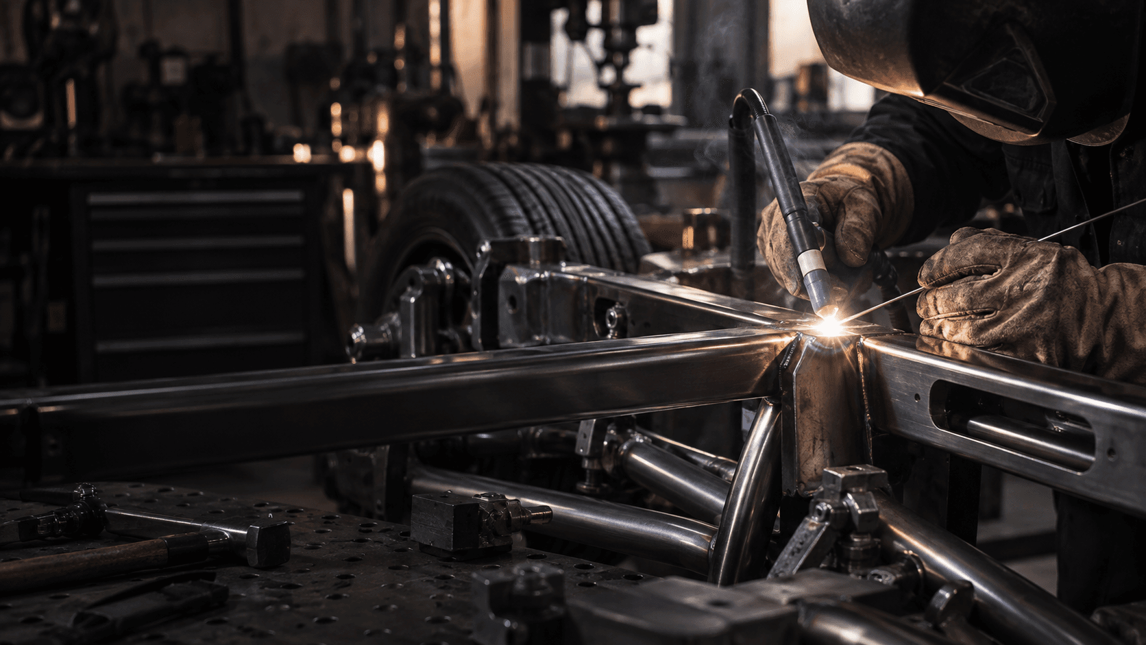 Welder joining a custom chassis rail on a fabrication table, sparks lighting the workshop